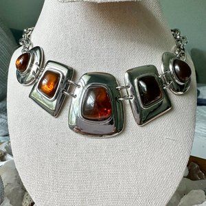 Kiam Family Necklace Silver Tone Amber Colored Stones 16"